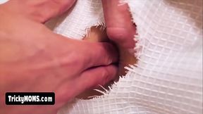 Stepmom with big tits gets a handjob and blowjob through the shower curtain