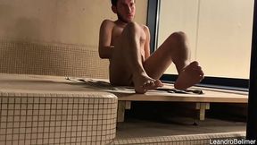 Risky jerk off after the sauna while a handsome man was showering