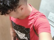 Jerk off at the toilet with door open - almost caught right through orgasm