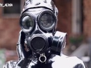 Black Latex Catsuit Gas Mask Enclosure