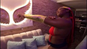 Sexy black wonderwoman gives tour of condo apartment with round ass and