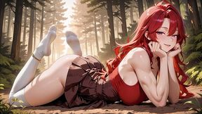 fiery redhead bombshell passionate forest fuck – skirt & white stockings dripping