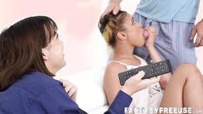 ”Asian enjoys watching a brunette suck meat”