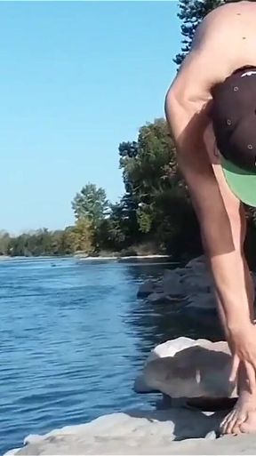 Gay Twink Does Naked Yoga Outside on a Rocky Beach, Gay Cruising Men Passing by Might Watch Him