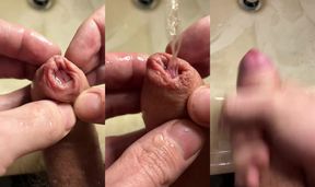 Extreme closeup playing with foreskin and piss, then wanking a string of thick cum into my hand