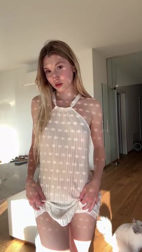 Curvy blonde plays with herself while daydreaming about a hot