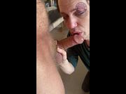 Messy morning look! Danish femboy Sif drops to knees for a naked Master to give a sloppy blowjob!