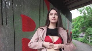 Picking up a college babe outdoors and paying her for POV sex
