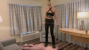 PART 2/6: I trample my leashed sub with my doc martens, then use him as a foot stool and relax