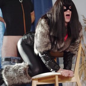 Sexy kitty plays with her sex slave. Femdom in fursuit. Furry fuck. Mistress in fur coat got fucked