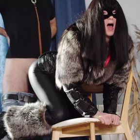 Sexy kitty plays with her sex slave. Femdom in fursuit. Furry fuck. Mistress in fur coat got fucked