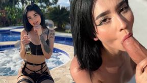 Colombian Latina in fishnet fucks her cameraman POV