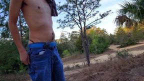 Gay twink strips slow in forest thong getting cummed on his solo