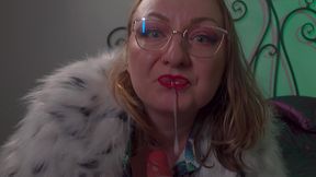 bitchy stepmom in white fur coat spits in your tea & gives you a messy humiliating blowjob pov