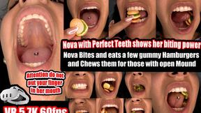 VR 3D 5,7K 60FPS | Nova shows you her amazing teeth and bites a few rubber hamburgers with full power right in front of your nose. She chews, smacks, and swallows the mush with relish.
