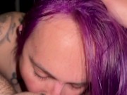 Purple-haired T4T slut goes down on trans boyfriend