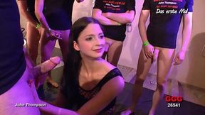 Swallowing cum in her mouth from a gang bang