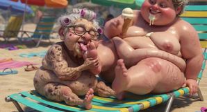 Elderly Granny Passionately Sucking BBW Feet on the Beach