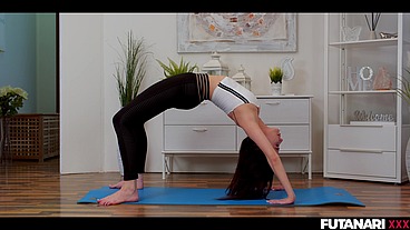 Real Life Futanari - Horny Yoga SheMale jerk off and cum on her face