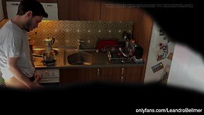 Older guy caught his stepson jerking off in the kitchen