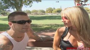 Slim blonde with silicone breasts enjoys a passionate encounter in front of her husband.