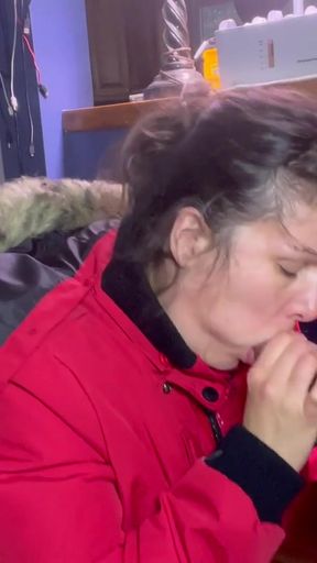 Emotional moment from &quot;Puffy Jacket Blowjob &amp; Cumshot in Mouth&quot;
