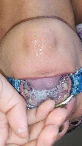 Throat Fuck with Open Mouth Gag and Spit Cum in Mouth