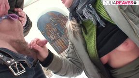 Blonde bitch enjoys riding a fat cock in the snow