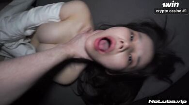 Asian cutie begging for rough threesome and screaming choked by big dick