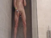 Compilation of Very tall skinny male with juicy cock taking a warm shower while on a holiday