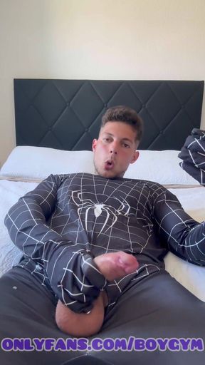 Jerking off My Fat Cock with My Spiderman Suit, Boygym Cum