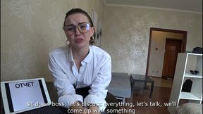 the young assistant begs on her knees for her chief not to fire her