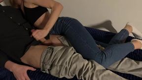 Teen Roommate Gives Sensitive Handjob While Watching Porn Together