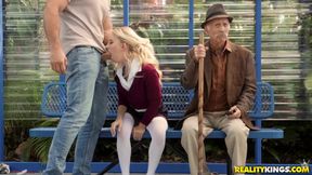 Blonde teen Riley Star gets banged on the bus stop