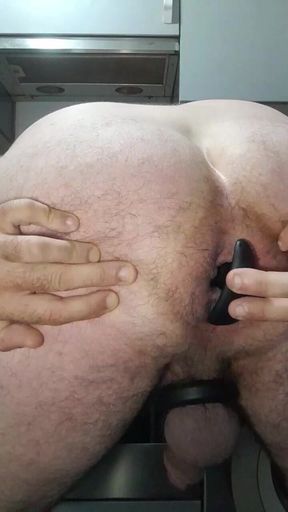 Handsome Chubby with Big Fat Cock with Sex Ring and Big Butt Plug Inside My Little Ass in Close-up