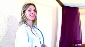 slim blonde girl in white fishnet stockings get fucked by older guy at nurse roleplay porn