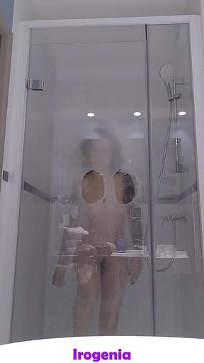 A Slut Dildos Herself During Her Shower, Comes to Watch on Her Through the Transparent Glass Window
