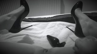 Fisting prep in Louboutins, large pussy plug stretching