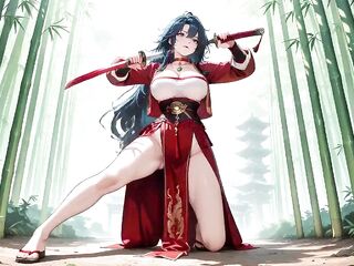 Blue-haired Samurai! Service in the Bamboo Grove. What Secrets Hide Beneath That High-slit Kimono?