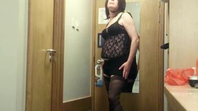 Wanking in hotel doorway