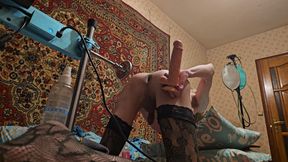 Femboy in lingere have gape and hard anal sex with sex dildo Machine