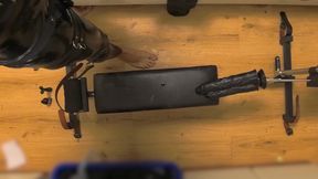 Latex Chastity Cage Sissy on Sex Machine Pillory and Double Dildo