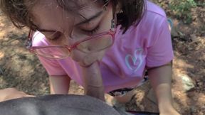 Jasmine gives a blowjob outside in the woods