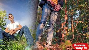 Guy long pissing in the forest under a tree