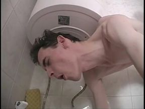 Horny stud comes in the bathroom to fuck his roomate who is showering