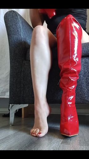 Putting My Red Thigh High Boots on Without Socks