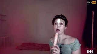 Naughty Jennifer sucks a dildo &amp; pours yogurt on her face