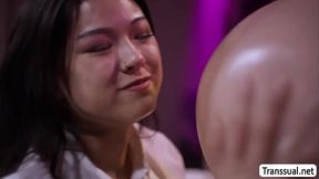 Massage shop owner fucked by TS masseuse and client