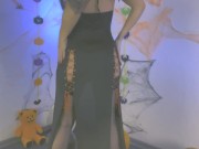 Halloween Striptease! Sexy witch plays with wet pussy