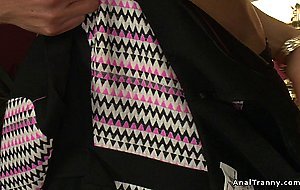 Busty shemale anal fucks blindfolded man